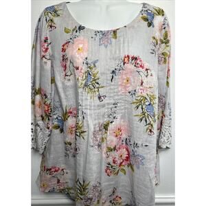 J.Jill Love Linen Top Blouse S Pintuck 3/4 Sleeve Floral Lace Pleated Crochet